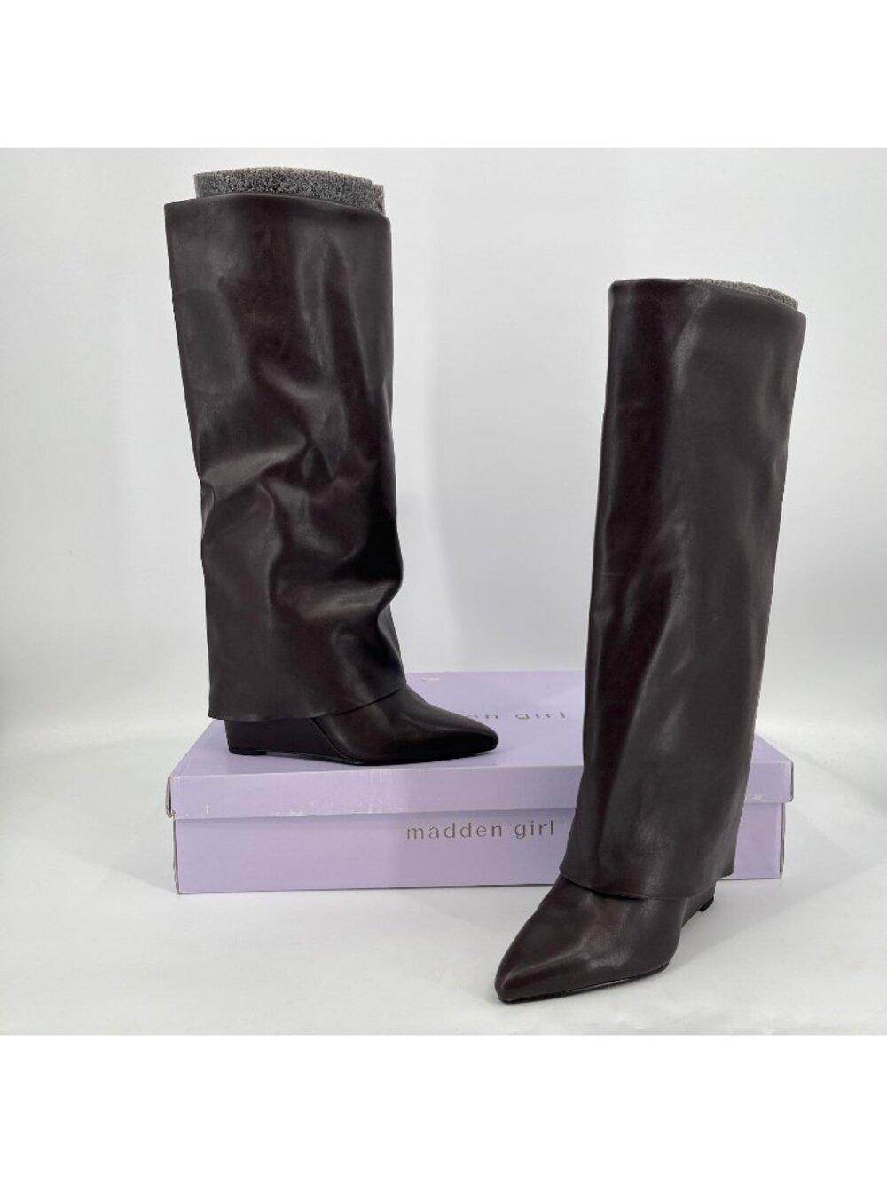 Madden Girl Evannder Boots Brown Size 8M Faux Leather Pointed Toe Wedge Foldover